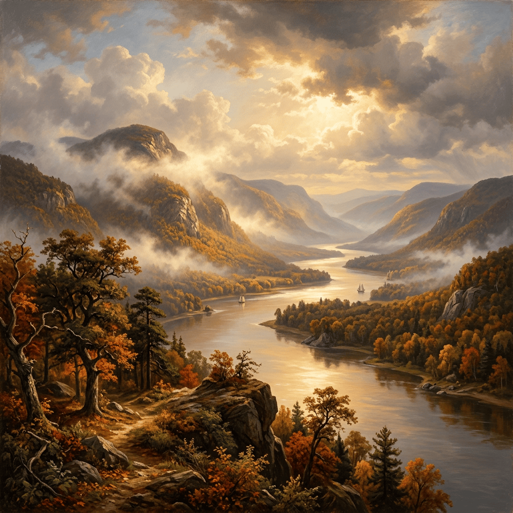 Autumn river winding through misty mountains beneath dramatic clouds