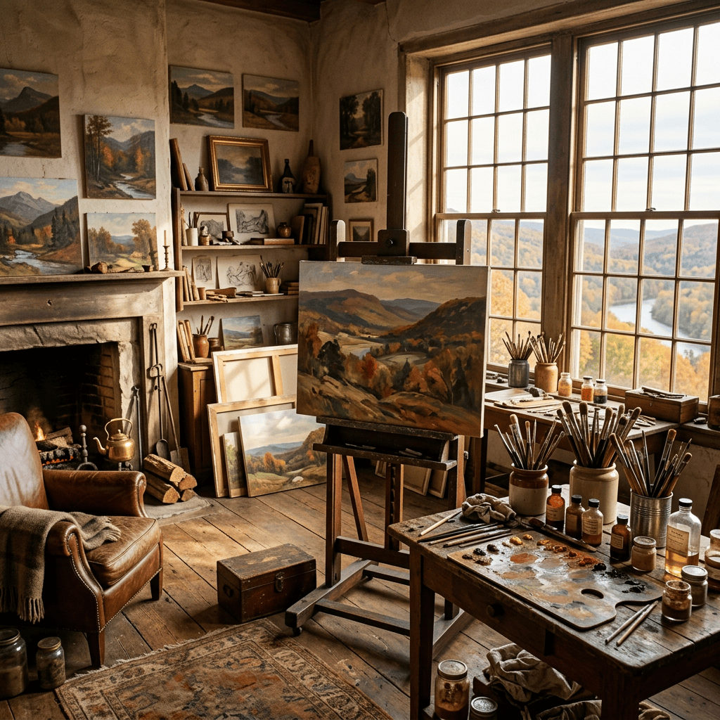Sunlit painter’s studio with landscape paintings, easel, brushes, and mountain view