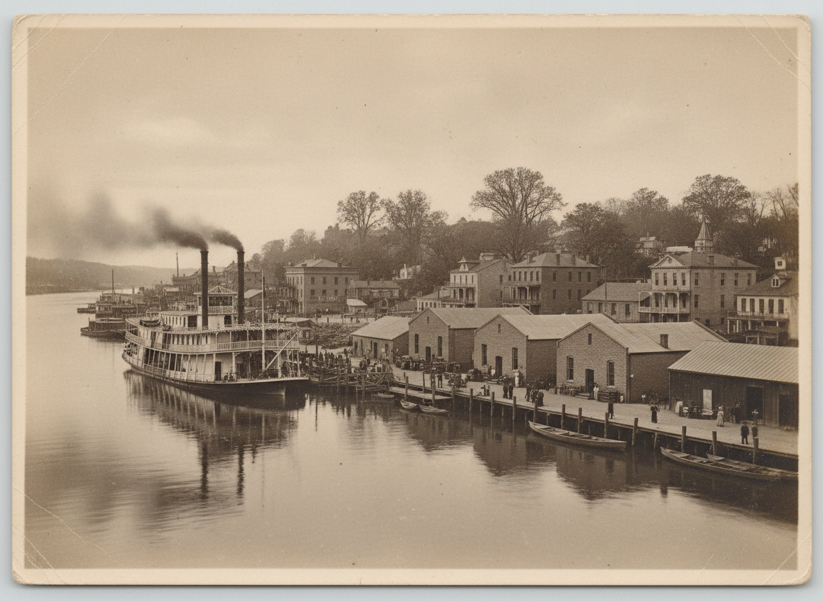 A vintage Americana river scene around 1900, Mississippi River steamboat near a historic riverside town, docks, warehouses, trees, warm sepia archival photograph/postcard look, authentic period details, no text, horizontal composition.