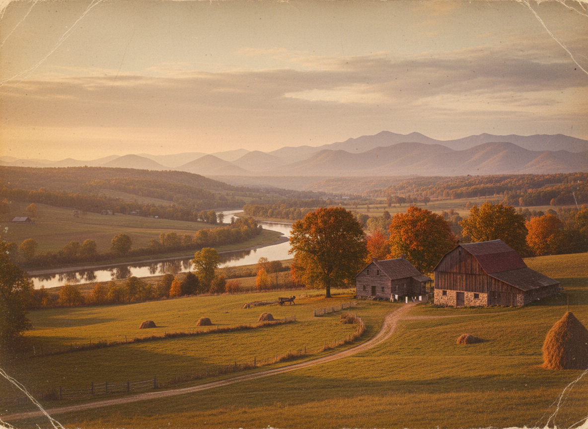 A wide cinematic vintage Americana historical landscape for the homepage of Echoes of America: an early American rural valley at golden sunrise, winding river, distant mountains, old wooden farmhouse and barn, a few trees with autumn leaves, subtle 19th-century photographic/postcard feeling, authentic aged-paper and sepia atmosphere, realistic period-inspired details, no text, no modern objects, horizontal composition with open space for website headline.